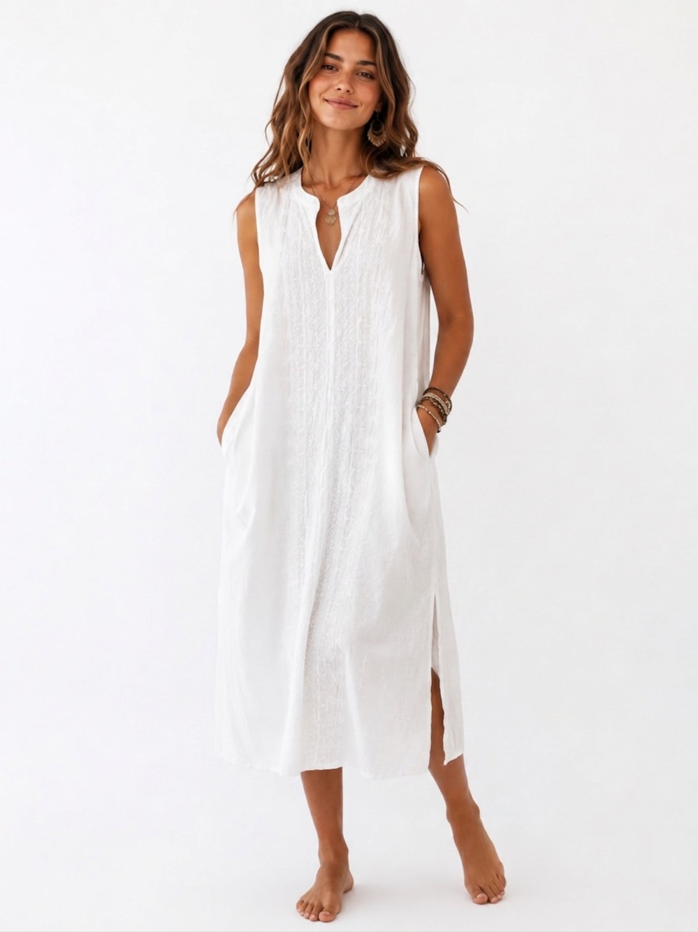 Johnny Was L Boho Flowy Embroidered Sleeveless Midi Shift Dress Breezy Beachy